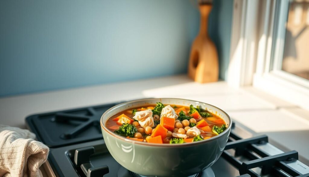 A hearty, protein-packed soup simmers on a stove in a cozy, minimal kitchen. The bowl is filled with a savory broth, tender chunks of chicken, and an array of nutrient-dense vegetables like kale, sweet potatoes, and chickpeas. Sunlight streams through a nearby window, casting a warm, inviting glow on the scene. The overall mood is one of nourishment and vitality, perfect for fueling an active lifestyle. A light blue accent wall and natural wood tones create a calming, earthy atmosphere, complementing the wholesome, energy-boosting meal.