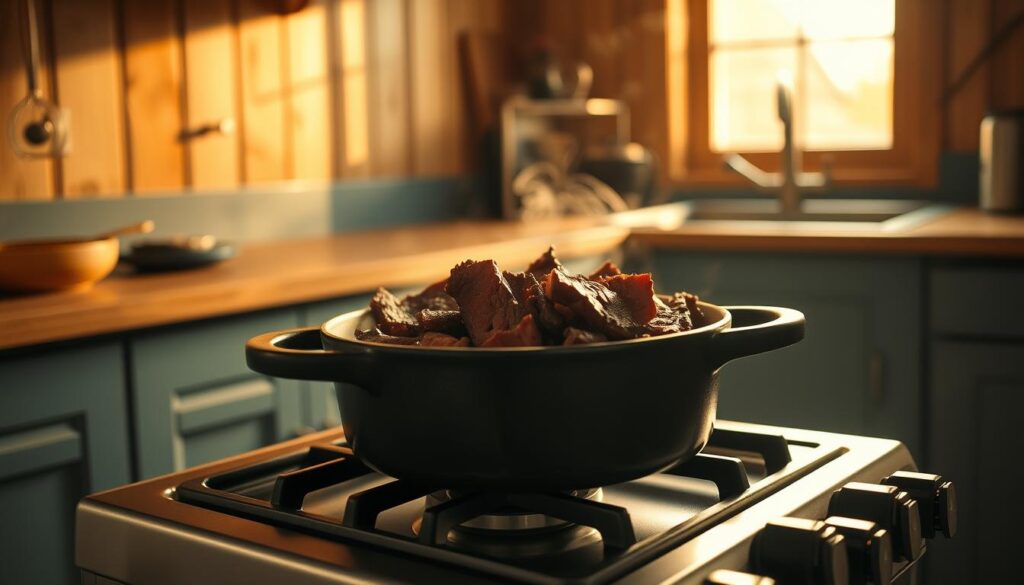 A heavy cast-iron dutch oven sits atop a minimalist gas stove, its interior searing thick slices of beef with an alluring sizzle. Warm, golden light filters through a nearby window, casting a cozy glow across the scene. The kitchen's wood-paneled walls and slate-blue cabinetry create a rustic, inviting atmosphere, complementing the earthy aromas wafting from the pot. Wisps of fragrant steam rise, hinting at the flavorful stew to come. The angle captures the drama of this essential step, framing the dutch oven as the centerpiece of a carefully choreographed culinary performance.