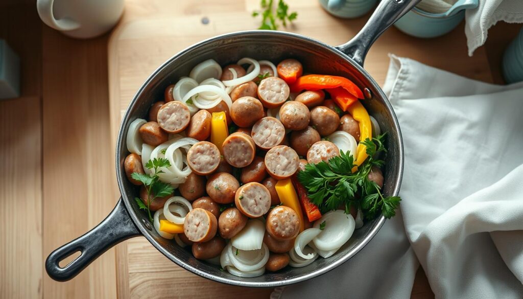 A high-quality image of a rustic skillet filled with the ingredients for a low-sugar breakfast hash: sliced onions, pork sausage links, bell peppers, and fresh herbs. The scene is set in a cozy, minimalist kitchen with warm wooden textures and light blue accents. Soft, natural lighting illuminates the scene, casting gentle shadows and highlights. The camera angle is from above, providing a top-down view of the skillet and its contents. The focus is sharp, drawing the viewer's attention to the vibrant colors and textures of the ingredients. The mood is inviting and appetizing, setting the stage for the low-sugar breakfast hash recipe.