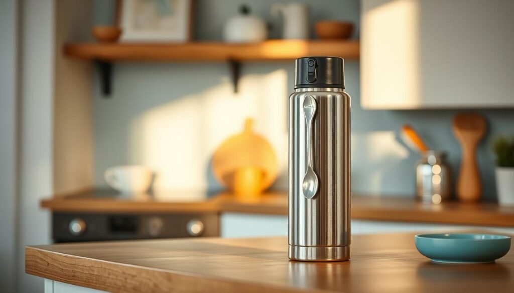 A high-quality, polished image of the Thermos Classic folding spoon design in a cozy, minimal kitchen setting. The thermos is placed on a wooden kitchen counter, its sleek stainless steel body reflecting the warm lighting. The folding spoon, a signature feature, is elegantly extended, showcasing its timeless functionality. Gentle light blue accents in the background complement the classic design, creating a serene and inviting atmosphere. The scene is captured from a slightly elevated angle, emphasizing the thoughtful attention to detail in the Thermos Classic's form and function.