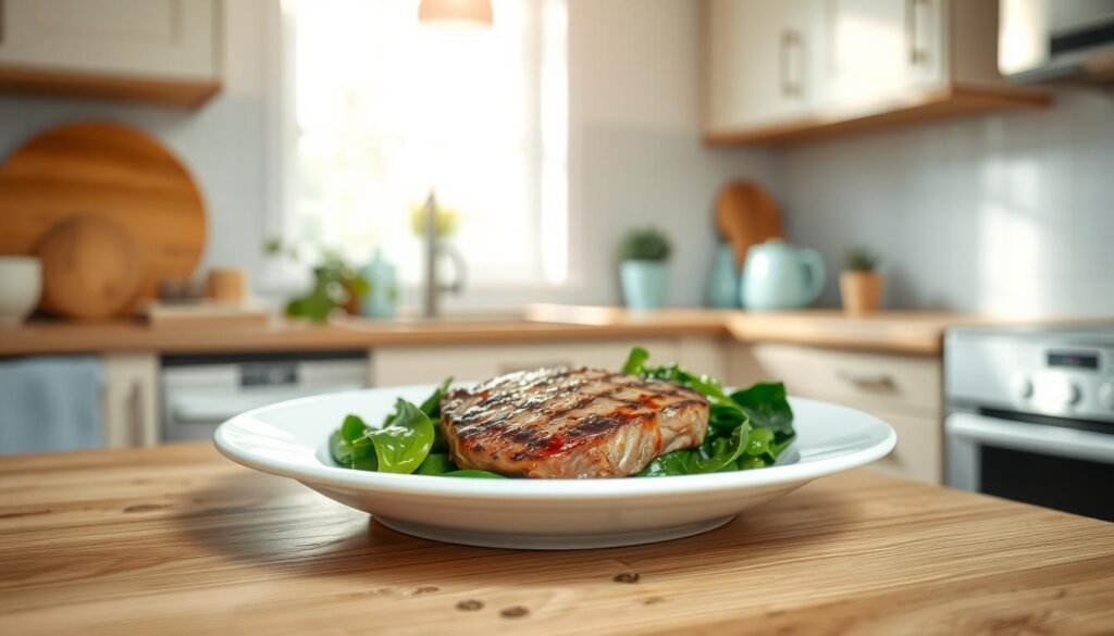 A home-cooked meal of seared steak and sautéed spinach on a white ceramic plate, artfully arranged against a backdrop of a cozy, minimalist kitchen. Soft natural light filters in through a nearby window, casting a warm, inviting glow. The textures of the wooden countertops and cabinets create a sense of warmth, complemented by light blue accents that add a touch of calmness. The focus is on the balanced plate, showcasing the delicious combination of protein-rich meat and nutrient-dense greens, a representation of a healthy, calorie-conscious meal.
