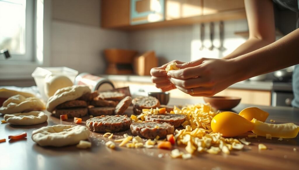 A kitchen counter cluttered with various breakfast sandwich ingredients - flattened biscuit dough, half-cooked sausage patties, spilled cheese shreds, and a broken egg yolk. Sunlight streams in through the window, casting a warm glow on the scene. In the foreground, a pair of hands grapple with assembling the messy components, showcasing the trial-and-error process of perfecting this freezer-friendly breakfast. The background features minimalist wooden cabinetry with light blue accents, hinting at the cozy atmosphere. A sense of determined focus and kitchen experimentation permeates the frame, reflecting the 
