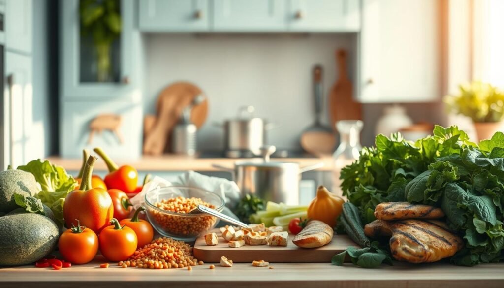 A kitchen counter showcases an array of vibrant, fresh vegetables and various protein sources, including lentils, tofu, and grilled chicken. The scene is bathed in warm, natural lighting, casting a cozy, inviting atmosphere. In the middle ground, a variety of cooking vessels, utensils, and a cutting board with chopped ingredients hint at the preparation process. The background features light blue-tinted cabinetry and wooden textures, creating a minimalist, harmonious setting. The overall composition emphasizes the versatility and nutrient-rich potential of combining diverse plant-based and protein-rich elements for a balanced, wholesome meal.