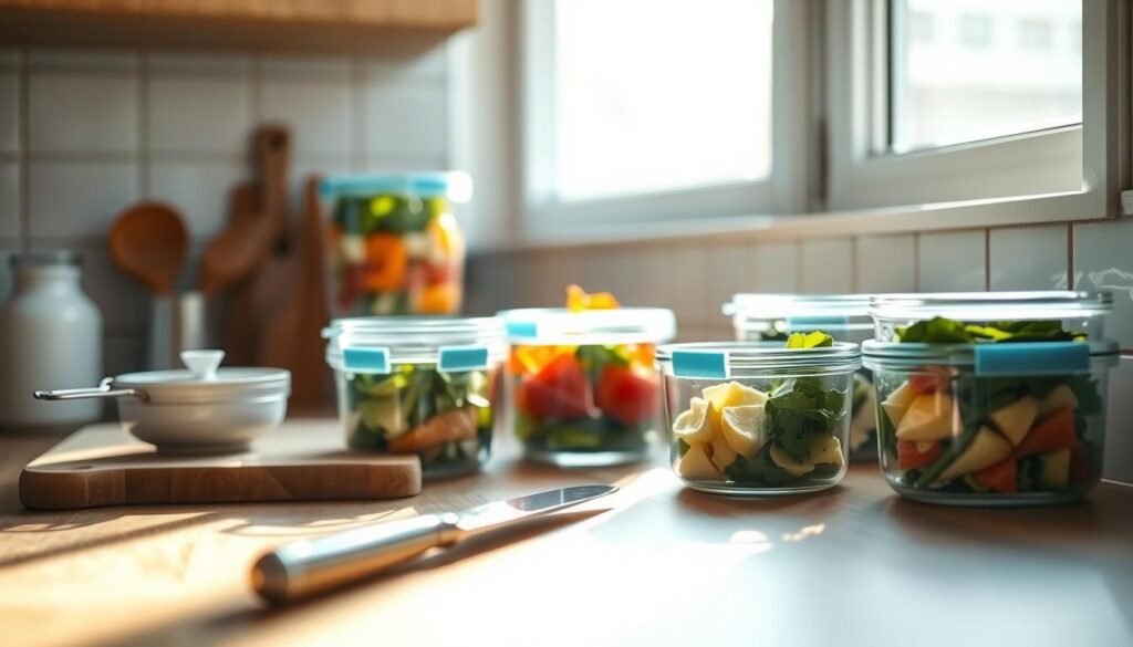 A kitchen counter showcases the fundamentals of meal prepping: glass containers filled with colorful, neatly portioned ingredients, accompanied by a cutting board, a knife, and a few simple kitchen tools. Soft, warm lighting bathes the scene, casting gentle shadows and creating a serene, inviting atmosphere. The wooden textures and light blue accents lend a sense of simplicity and tranquility to the arrangement, emphasizing the mindful, methodical nature of meal preparation. The focus is on the tools and ingredients, without any human presence, allowing the viewer to fully immerse themselves in the practical, organized approach to building nutritious, varied meals.