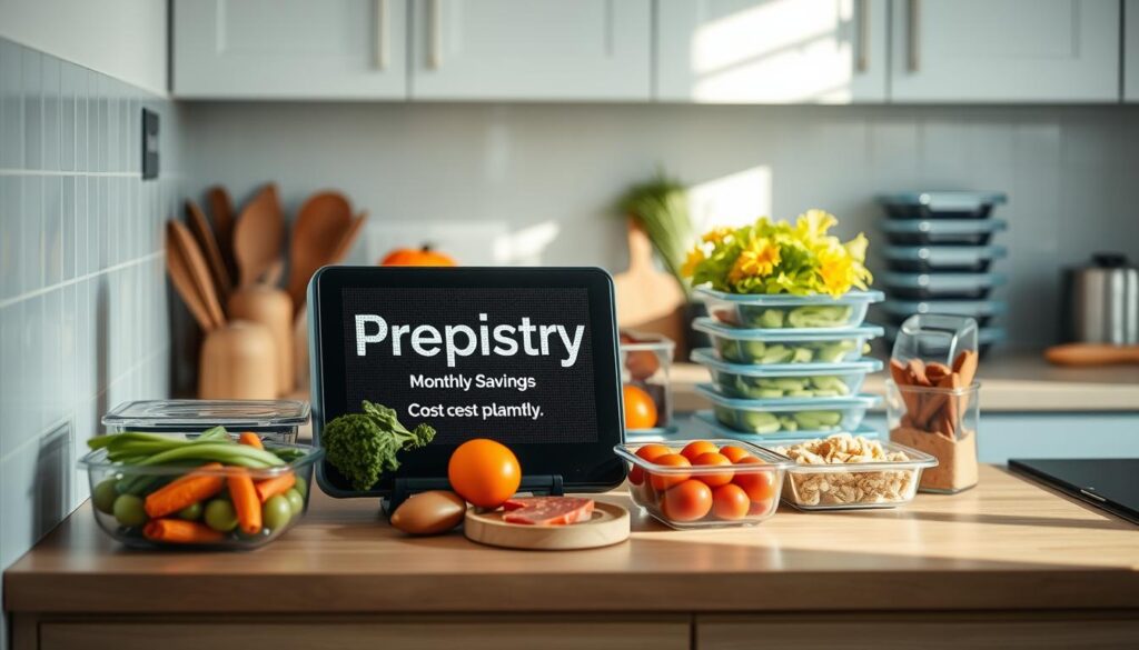 A kitchen counter with a clean, minimalist design featuring light blue accents and natural wooden textures. On the counter, various meal prep containers and ingredients are neatly arranged, including fresh vegetables, fruits, and lean protein sources. A digital display prominently shows the 