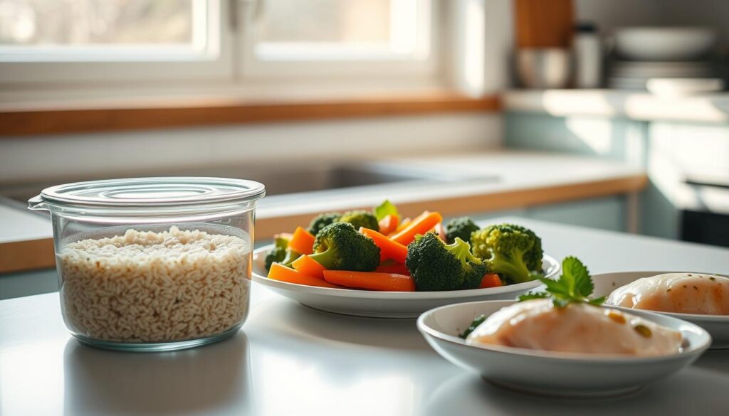 A kitchen counter with a simple but nourishing meal prep spread: a glass container of steamed brown rice, a plate of roasted vegetables - carrots, broccoli, and bell peppers - drizzled with a light vinaigrette, and a small dish of boiled chicken breast. The scene is bathed in soft, natural light filtering through a window, giving the space a warm, homey feel. The kitchen has a minimalist design with wooden accents and light blue cabinetry, creating a calming, budget-friendly atmosphere perfect for planning affordable, wholesome weekly meals.