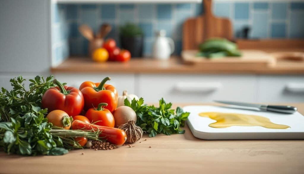 A kitchen counter with an assortment of fresh vegetables, herbs, and spices neatly arranged in the foreground. In the middle ground, a clean sheet pan with drizzled olive oil, a cutting board, and a chef's knife resting nearby. The background features a soft, diffused lighting that illuminates the warm wooden textures and light blue accents of the minimal kitchen setting, creating a cozy and inviting atmosphere.