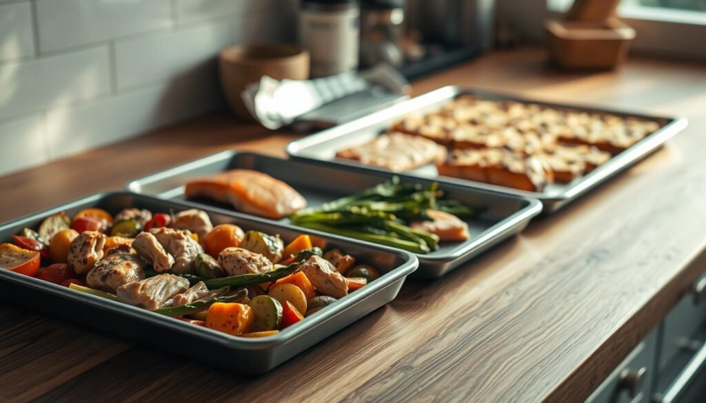 A kitchen countertop layered with an assortment of sheet pans showcasing various easy-to-prepare meals. In the foreground, a pan of roasted vegetables and chicken, while in the middle, a sheet of baked salmon and asparagus. The background features a tray of cookie bars or bars with fresh fruit. Warm, natural lighting casts a soft glow, highlighting the textures of the wood surfaces and the vibrant colors of the food. The overall atmosphere is one of simplicity, efficiency, and the comforting aroma of a home-cooked meal.