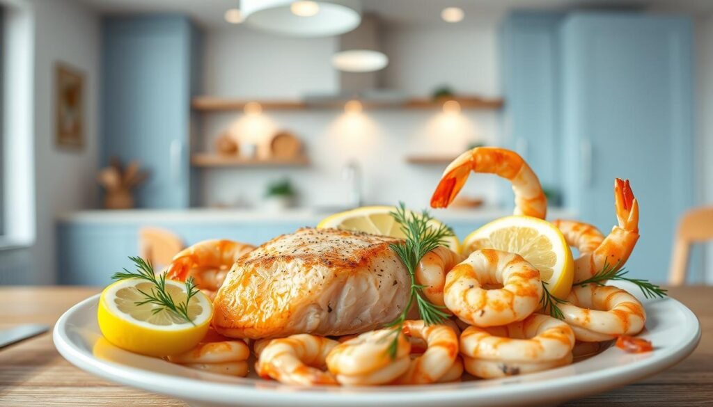 A large, inviting plate in the foreground, showcasing perfectly seared salmon fillets and plump, juicy shrimp arranged artfully. Vibrant lemon wedges and fresh sprigs of dill provide a pop of color and freshness. The middle ground reveals a minimal, light blue-accented kitchen with warm, wooden textures, creating a cozy, homely atmosphere. Soft, diffused lighting from overhead fixtures bathes the scene in a gentle, natural glow, highlighting the dish's appetizing details. The background recedes into a hazy, slightly blurred focus, allowing the star of the image - the mouthwatering salmon and shrimp recipes - to take center stage.