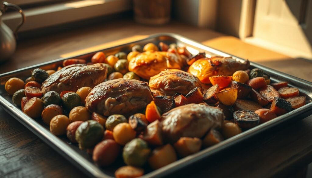 A large sheet pan filled with golden-brown, oven-roasted chicken thighs and a medley of vibrant vegetables - tender Brussels sprouts, caramelized carrots, and crisp-edged potatoes. The scene is bathed in warm, natural light filtering through a nearby window, casting soft shadows and highlighting the rustic textures of the wooden kitchen counter. The overall mood is one of comforting simplicity and the enticing aroma of a home-cooked meal.