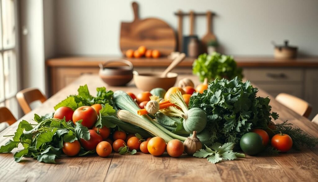 A large wooden table with a clean, minimalist aesthetic showcases a bountiful selection of fresh, seasonal produce. In the foreground, vibrant leafy greens, crisp vegetables, and plump fruits are arranged with care, their colors and textures creating a visually appealing still life. The middle ground features a few simple kitchen tools, such as a rustic wooden bowl and a small ceramic pot, complementing the natural, earthy tones. Soft, diffused lighting from a nearby window bathes the scene in a warm, inviting glow, casting gentle shadows and highlights that accentuate the rich hues and organic forms of the ingredients. The overall mood is one of simplicity, freshness, and the joy of meal preparation using the best of spring's bounty.