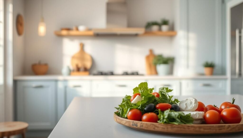 A light, airy kitchen with a minimalist design, soft blue accents on the cabinetry, and natural wooden textures creating a soothing, relaxed atmosphere. On a clean white countertop, a simple yet appetizing cold lunch comes together effortlessly. Fresh Italian ingredients - crisp greens, juicy tomatoes, tangy olives, and creamy mozzarella - are artfully arranged, ready to be assembled into a satisfying midday meal. The scene captures the benefits of quick, no-fuss cold lunch preparation, allowing busy Americans to enjoy delicious Italian flavors without the hassle of reheating.