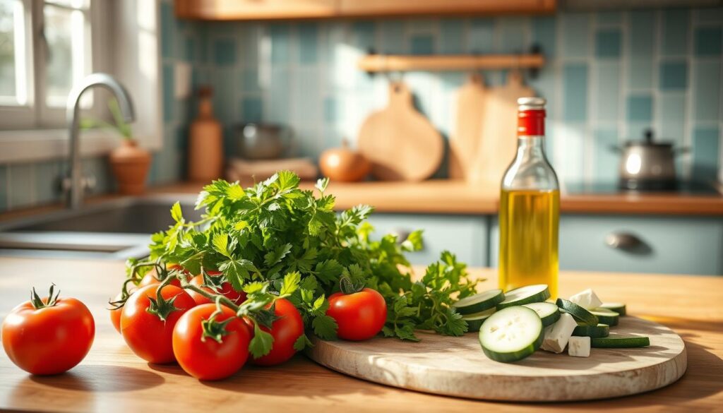 A light-filled Mediterranean kitchen with wooden countertops, tile backsplash, and a teal blue accent wall. On the counter, a selection of fresh ingredients - ripe tomatoes, bright green herbs, a bottle of olive oil, and a cutting board with sliced cucumbers and feta cheese. Warm, natural lighting casts a soft glow over the scene, creating a calming, inviting atmosphere perfect for meal prep. The composition is balanced, highlighting the vibrant colors and textures of the Mediterranean-inspired ingredients.
