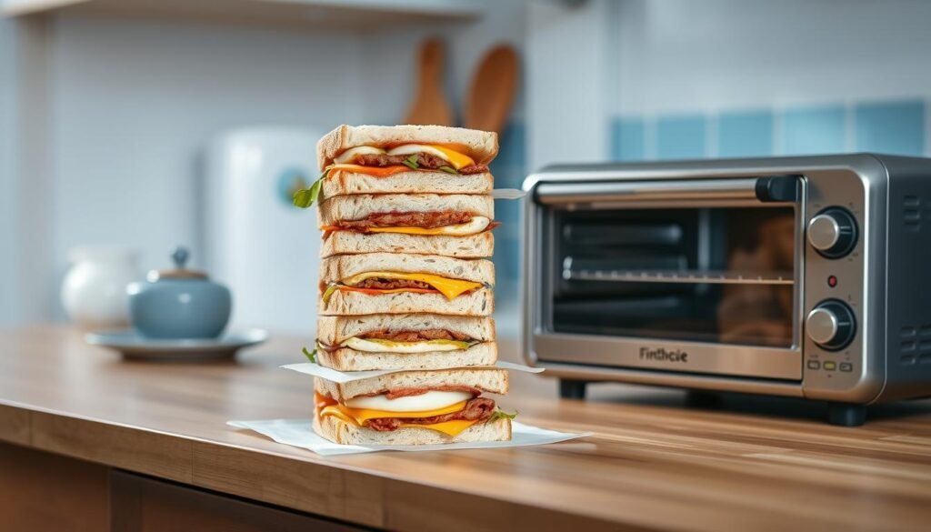 A light-filled, airy kitchen with wooden countertops and minimal blue accents. On the counter, a stack of freshly prepared breakfast sandwiches, neatly arranged and ready for storage. Beside them, a sleek stainless steel appliance - a compact toaster oven, perfect for efficient reheating. The sandwiches are beautifully photographed from an overhead angle, capturing their delicious layers of fluffy egg, melted cheese, and savory meat or vegetable fillings. The scene exudes a sense of organization, preparation, and the promise of a satisfying, hassle-free morning meal.