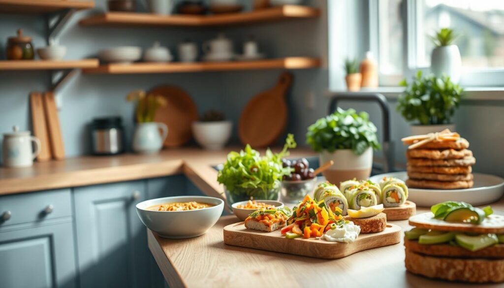 A light-filled, airy kitchen with wooden countertops and shelves in soft blue hues. On the countertop, an assortment of vibrant, freshly prepared vegetarian dishes - a crisp salad with roasted vegetables, a bowl of creamy lentil soup, a platter of colorful sushi rolls, and a stack of avocado toast. The scene is photographed from a low angle, highlighting the natural textures and colors of the ingredients. The lighting is soft and diffused, casting gentle shadows and creating a calming, inviting atmosphere.