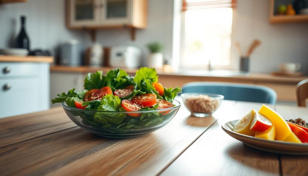 A light-filled, airy kitchen with wooden textures and soft blue accents. On a simple wooden table, a balanced, nutritious lunch is arranged - a vibrant salad with crisp greens, juicy tomatoes, and a sprinkle of seeds, a small bowl of whole grains like quinoa or brown rice, and a plate of colorful sliced fruits. The lighting is natural and gentle, casting a warm glow on the scene. The composition is clean and uncluttered, allowing the nourishing, summer-fresh ingredients to take center stage. This harmonious, nutrient-rich meal reflects the mindful balance and simplicity of a well-planned cold lunch.