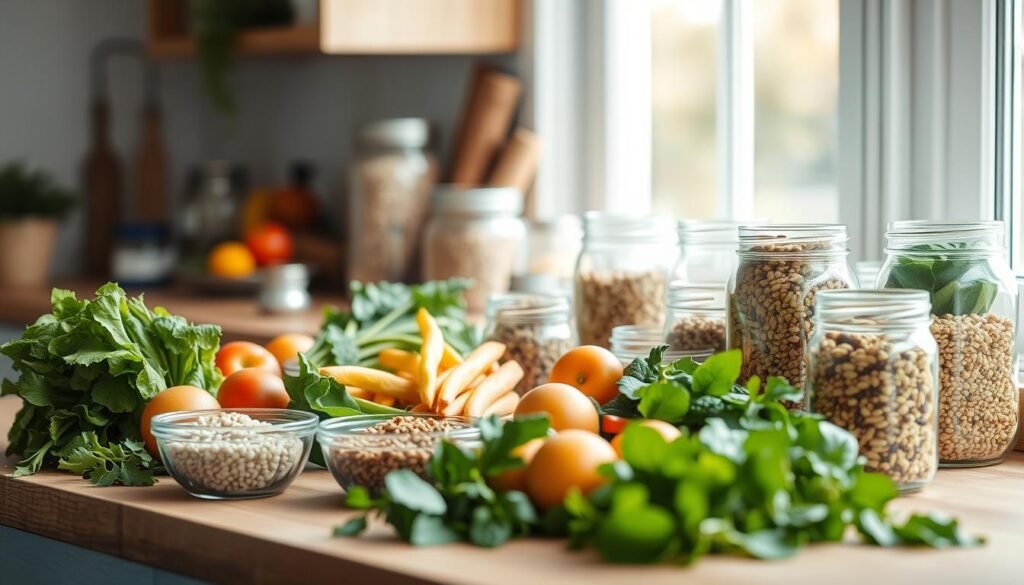 A light-filled kitchen counter displays an array of freshly prepared meal components - vibrant greens, crisp vegetables, and glass jars filled with grains and legumes. The warm, natural wood tones are accented by soft blue hues, creating a serene and inviting atmosphere. The composition is thoughtfully arranged, with each element strategically placed to suggest efficiency and organization. Diffused, natural lighting bathes the scene, casting gentle shadows and highlighting the textural details of the ingredients. The overall mood is one of calm productivity, capturing the essence of a streamlined, satisfying batch cooking process.