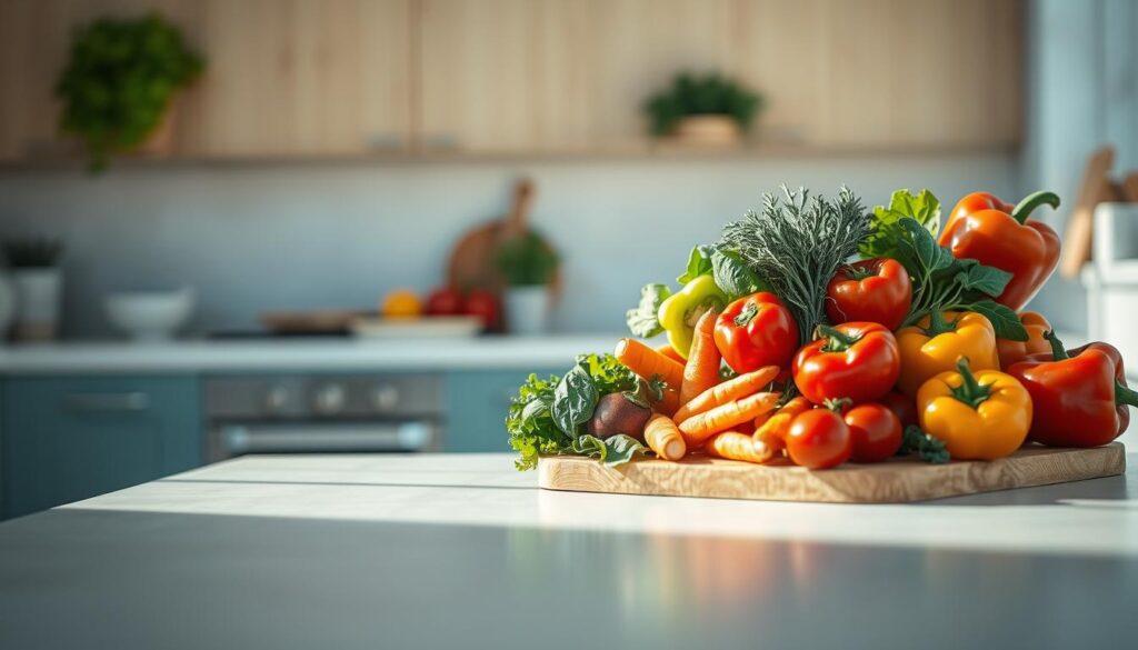 A light-filled kitchen with smooth wooden accents and subtle blue hues sets the stage for a vibrant arrangement of fresh, colorful vegetables. A variety of crisp greens, juicy tomatoes, crunchy carrots, and vibrant bell peppers are artfully arranged on a simple wooden cutting board, creating a visually appealing and nutritious meal prep display. The natural lighting casts a warm glow, highlighting the textures and vivid colors of the produce. The overall scene conveys a sense of balance, health, and mindful meal planning, perfectly reflecting the theme of "Sustainable Diet Strategies: Balancing Quality and Variety".