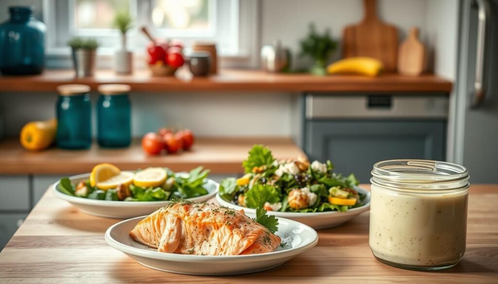 A light-filled, minimal kitchen with a wooden butcher block countertop, blue glass jars, and a few fresh vegetables arranged on the counter. In the foreground, a varied selection of keto-friendly lunch dishes like baked salmon with lemon and herbs, a colorful salad with avocado and feta, and a mason jar filled with a creamy cauliflower soup. The scene is bathed in soft, natural lighting, creating a warm, inviting atmosphere perfect for a satisfying, low-carb midday meal.