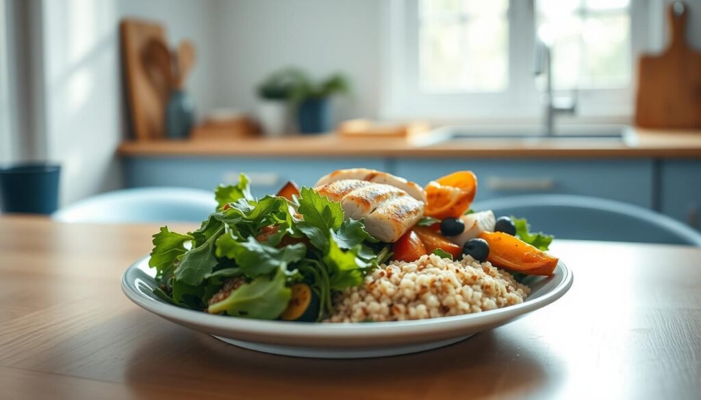A light-filled, minimalist kitchen with a wooden table, blue accents, and a nutritious, protein-packed cold lunch arranged neatly on a plate. The meal features a mix of leafy greens, grilled chicken, roasted vegetables, and a side of quinoa. Soft, natural lighting illuminates the scene, creating a serene, wholesome atmosphere. The camera angle captures the lunch from a high, three-quarter view, showcasing the meal's appealing visual presentation and the clean, inviting kitchen setting.