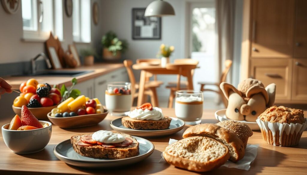 A light-filled, minimalist kitchen with natural wood surfaces and soft blue accents showcases an array of low-sugar breakfast delights. In the foreground, a spread of colorful fruits, whole grain toasts, and creamy yogurt parfaits tempt the senses. The mid-ground features a variety of baked goods, including flaky whole-wheat pastries and lightly sweetened muffins. In the background, a cozy nook with a wooden table and chairs invites the viewer to savor these healthful, yet indulgent breakfast recipes. The scene is bathed in warm, diffused lighting, creating a welcoming, serene atmosphere. No hand visible.