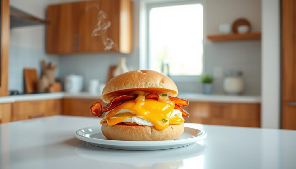 A light-filled, minimalist kitchen with warm wooden accents and muted blue tones. On a clean white countertop, an artfully arranged breakfast sandwich, its soft golden brioche bun enveloping layers of crisp bacon, a perfectly cooked egg, and a melted slice of cheddar cheese. Steam gently rises, hinting at the sandwich's fresh-from-the-oven warmth. Artful drizzles of hollandaise sauce and fresh chives add a touch of elegant refinement, elevating this classic breakfast pairing into a mouthwatering, visually captivating upgrade.