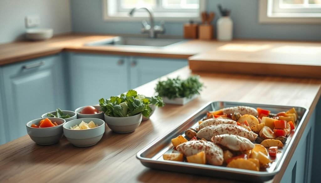 A light-filled, minimalist kitchen with wooden countertops and light blue accents. On the counter, an assortment of freshly chopped vegetables, neatly organized in small bowls. Beside them, a sheet pan filled with seasoned chicken, potatoes, and roasted veggies, ready for the oven. The space feels serene and uncluttered, with a focused attention to efficient meal prep. Soft, directional lighting illuminates the scene, casting gentle shadows and highlighting the textures of the ingredients. The overall mood is one of effortless organization and time-saving culinary techniques.