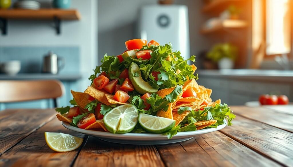A light, vibrant Mexican-inspired cold lunch displayed on a rustic wooden table in a cozy, minimal kitchen with light blue accents. Freshly chopped avocado, crisp romaine lettuce, juicy tomatoes, and tangy lime wedges artfully arranged around a stack of crunchy tortilla chips. The scene is bathed in warm, natural light, creating a welcoming, appetizing atmosphere.