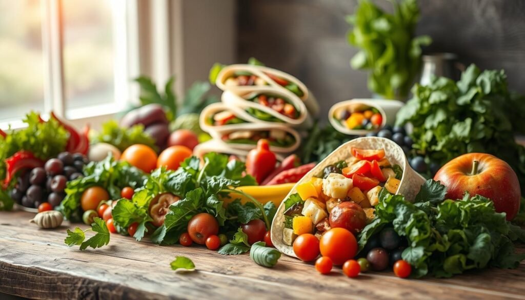 A lush, colorful spread of fresh, seasonal produce artfully arranged on a rustic wooden surface. In the foreground, an assortment of vibrant leafy greens, crisp vegetables, and ripe fruits form the base for creative salad and wrap recipes. The middle ground features neatly stacked tortilla wraps, each stuffed with a unique combination of ingredients. Soft, natural lighting filters in, casting a warm, inviting glow over the scene. The overall mood is one of simplicity, healthfulness, and culinary inspiration, perfect for a busy day's no-heat lunchbox.