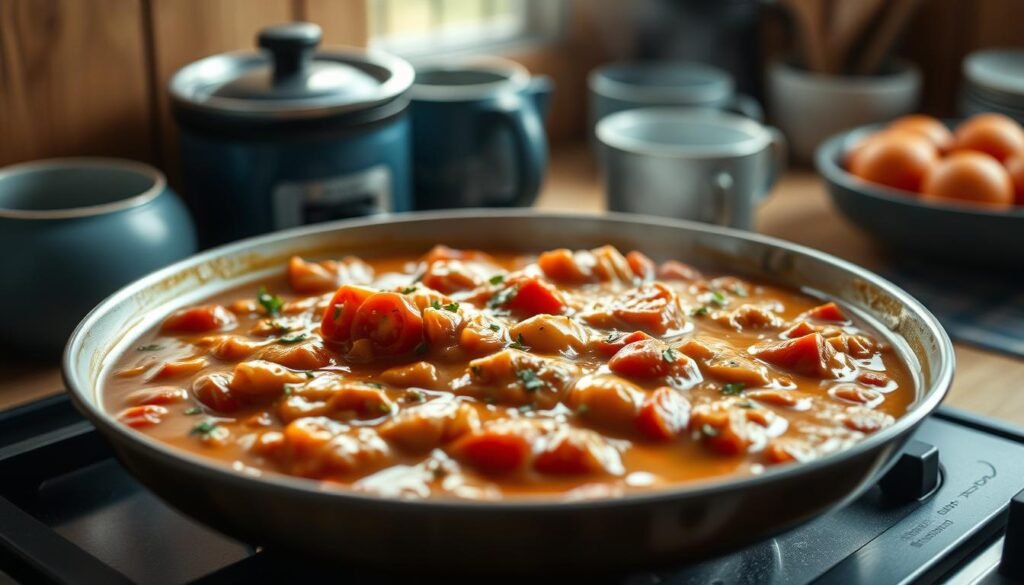 A lush, creamy casserole sauce simmers gently on the stovetop, its enticing aromas filling the cozy kitchen. Intricately layered flavors mingle - savory tomatoes, fragrant herbs, a hint of garlic, and a rich, velvety texture. Soft light cascades across the scene, accentuating the sauce's glossy sheen and the warm wooden tones of the surroundings. In the background, subtle blue accents lend a calm, inviting atmosphere, while the absence of human presence allows the sauce to take center stage as the star of this culinary tableau.