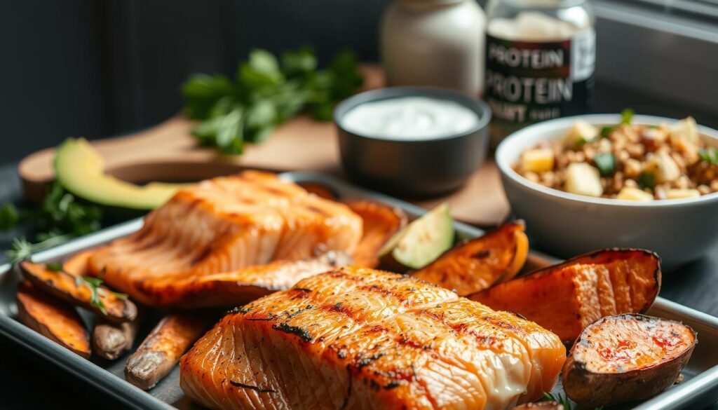 A meticulously arranged assortment of various high-protein foods, showcasing an array of enticing textures. In the foreground, a tray holds a sizzling slab of grilled salmon, its crisp skin glistening under the soft, natural lighting. Nestled alongside are roasted sweet potato wedges, their caramelized exteriors contrasting with the fluffy interiors. In the middle ground, a bowl of hearty quinoa salad, tossed with crunchy vegetables and dotted with creamy avocado cubes. The background features a wooden chopping board, adorned with a scattering of fresh herbs and a jar of protein-rich Greek yogurt. The overall scene evokes a sense of culinary craftsmanship and a dedication to maintaining the perfect balance of textures in a healthy, high-protein meal prep.