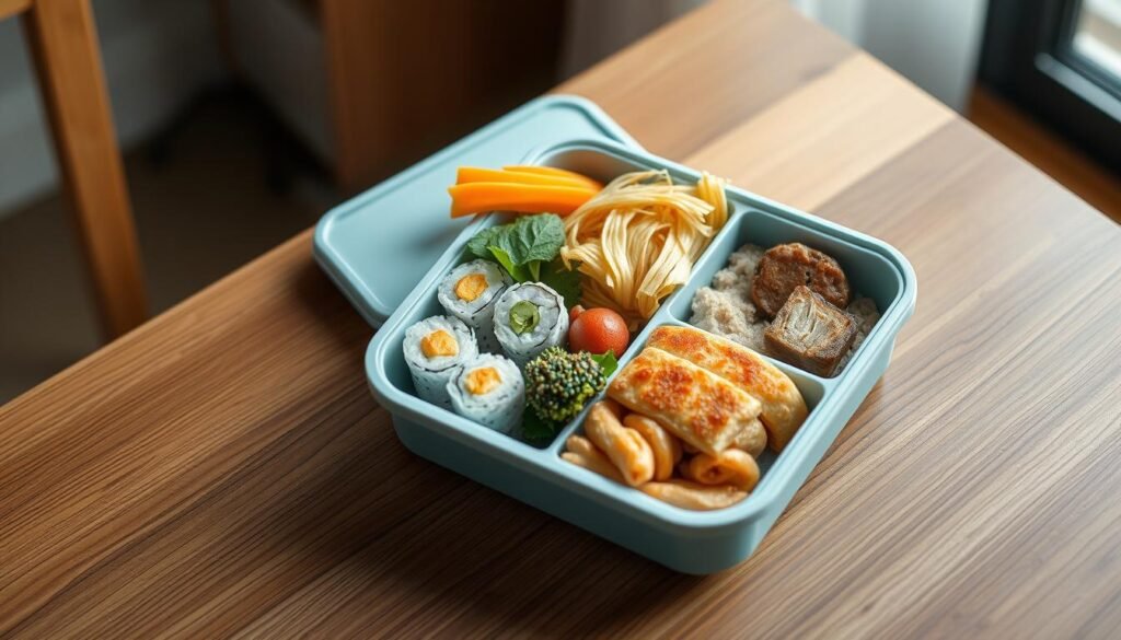 A meticulously arranged bento box rests on a wooden table, its compartments filled with a balanced array of colorful and visually appealing ingredients. The box's sleek, minimalist design features a light blue lid that contrasts beautifully with the warm wooden tones of the table. The lighting is soft and diffused, creating a cozy, inviting atmosphere. The bento's contents include neatly arranged sushi rolls, steamed vegetables, a protein-rich dish, and a touch of fruit, all thoughtfully selected to provide a nutritious and satisfying cold lunch. The overall composition exudes a sense of harmony and attention to detail, perfectly reflecting the "Balancing Nutrition and Fun in Bento Recipes" theme.