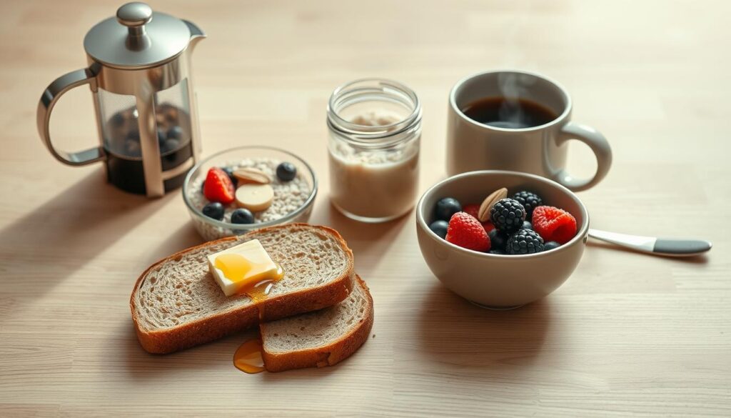 A meticulously arranged flat-lay of breakfast assembly components on a light wood surface. In the foreground, a freshly toasted slice of whole-grain bread, a pat of golden butter, and a drizzle of honey. In the middle, a small bowl of overnight oats garnished with berries and sliced almonds, alongside a glass jar of yogurt. In the background, a sleek stainless steel coffee press and a ceramic mug filled with steaming coffee. Soft, natural lighting illuminates the scene, casting gentle shadows and highlighting the textures of the ingredients. The overall atmosphere is one of effortless, nourishing simplicity - the perfect start to a productive workday morning.