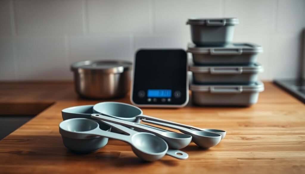 A meticulously arranged selection of portion control meal prep tools sits atop a wooden kitchen counter, bathed in soft, natural lighting. In the foreground, a set of sleek measuring cups and spoons in muted tones of blue and gray. In the middle, a digital food scale, its display screen visible, and a set of reusable meal prep containers in complementary shades. The background features a minimalist tile backsplash, hinting at the cozy, inviting atmosphere of the kitchen. The overall scene conveys a sense of organization, precision, and a dedication to mindful, healthful meal planning.