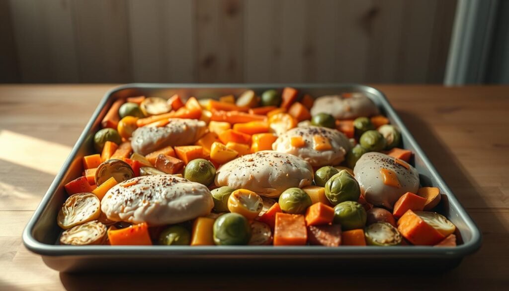 A meticulously arranged sheet pan filled with an array of fresh, colorful ingredients - seasoned root vegetables, crisp brussels sprouts, and succulent chicken thighs, all strategically placed to ensure even cooking. The lighting is soft and warm, casting a gentle glow over the scene, while the minimal, wooden kitchen setting provides a calming, natural backdrop. The composition is balanced and visually appealing, showcasing the thoughtful placement of each element to create a harmonious, appetizing display.