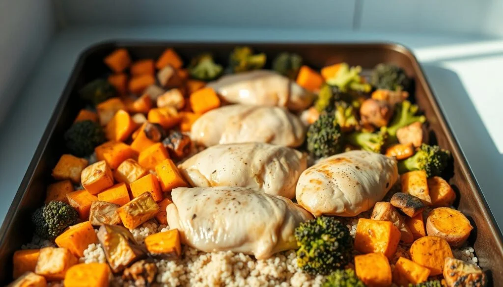 A meticulously arranged sheet pan with a perfectly balanced selection of roasted vegetables, proteins, and grains. Tender, caramelized broccoli florets, vibrant sweet potato cubes, and succulent chicken thighs nestled among fluffy quinoa. Warm, earthy tones complement the light blue accents of the minimal kitchen, creating a harmonious and inviting atmosphere. Soft, natural lighting casts gentle shadows, highlighting the textures and colors of the wholesome meal. The layout is thoughtfully designed, showcasing the simplicity and nutritional benefits of this one-pan culinary solution.