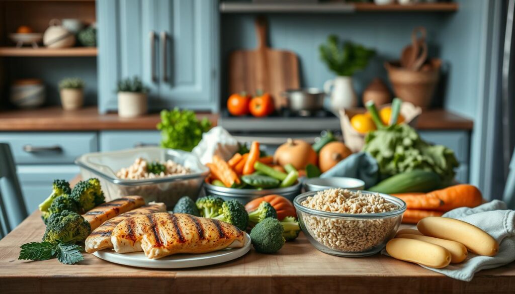 A meticulously arranged spread of muscle-building meal prep items in a cozy, minimalist kitchen. Grilled chicken breasts, brown rice, steamed broccoli, and a variety of fresh vegetables and fruits are neatly organized on a wooden table, accented by light blue tones. The lighting is soft and natural, highlighting the textures and vibrant colors of the healthy, high-protein ingredients. A sense of order and intentionality pervades the scene, embodying the benefits of a sustainable, muscle-gaining diet.