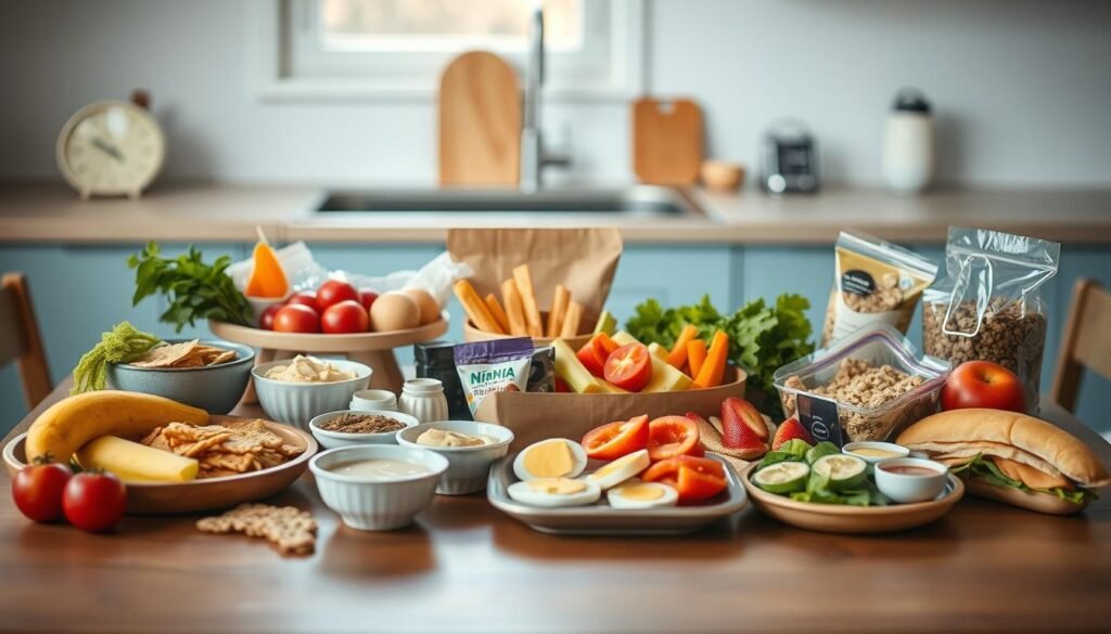 A meticulously arranged spread of visually appealing, portable no-heat lunch items on a wooden table, bathed in soft natural lighting. An assortment of fresh fruits, vegetables, whole grain snacks, and protein-rich options such as hummus, cheese, and hard-boiled eggs, all presented in a manner that exudes a sense of youthful sophistication and effortless appeal. The minimal, light blue-accented kitchen setting imbues the scene with a calming, inviting atmosphere, perfectly capturing the essence of &quot;The Appeal of No Heat Lunches for Teens&quot;.