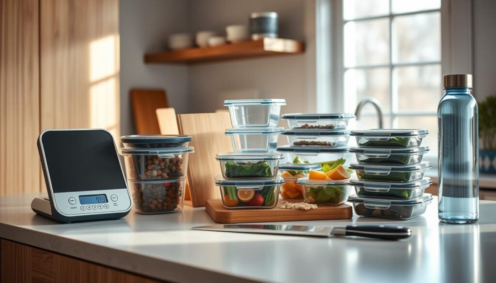 A meticulously arranged still life of meal prep essentials in a cozy, minimalist kitchen with warm wooden textures and soft blue accents. On a clean, uncluttered countertop, a variety of high-protein, low-carb meal prep tools are elegantly displayed - a sleek digital food scale, an array of BPA-free meal prep containers, a sturdy cutting board, a sharp chef's knife, and a stylish glass water bottle. Soft, natural lighting from a nearby window casts a gentle glow, highlighting the tools' clean lines and premium materials. The overall atmosphere is one of efficiency, organization, and a commitment to a healthier lifestyle.
