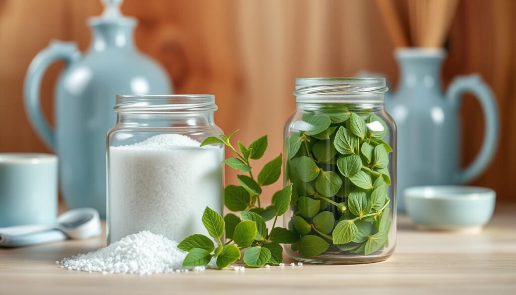 A meticulously composed still life scene showcasing a side-by-side comparison of a glass jar of white granular sugar and an artisanal glass jar of verdant green stevia leaves. The scene is set against a backdrop of warm wooden textures and light blue accents, creating a cozy, minimalist kitchen aesthetic. Soft, diffused lighting illuminates the subject, highlighting the contrast between the pure white sugar and the lush, natural stevia. The arrangement conveys a sense of balance and thoughtful curation, inviting the viewer to consider the merits of choosing stevia as a healthier, zero-calorie sweetening alternative to traditional sugar.