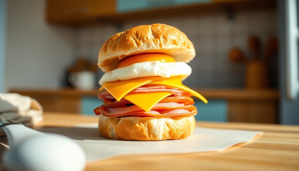 A meticulously crafted breakfast sandwich assembly, showcased in a cozy, minimal kitchen with warm wooden textures and light blue accents. The layered components are precisely aligned, with a golden-brown English muffin as the base, followed by a perfectly cooked egg, a slice of savory ham, and a melted slice of cheddar cheese, all artfully stacked to create a mouthwatering visual harmony. The scene is illuminated by soft, natural lighting, capturing the inviting atmosphere and the attention to detail in the assembly process.
