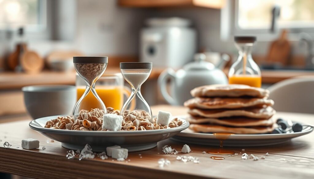 A meticulously detailed still life scene captures the hidden sugars lurking in common breakfast foods. In the foreground, a plate showcases an array of seemingly innocent items - a bowl of cereal, a stack of pancakes, a glass of orange juice. However, upon closer inspection, each element is accompanied by an ominous hourglass-shaped sugar cube, visually representing the alarming amounts of added sweeteners concealed within. The middle ground features a wooden kitchen counter, its surface dotted with scattered sugar packets and drizzles of maple syrup, hinting at the pervasive presence of these sweet saboteurs. Soft, natural lighting filters through a nearby window, casting a warm, contemplative glow over the scene, inviting the viewer to reflect on the insidious nature of hidden sugars and their impact on health.