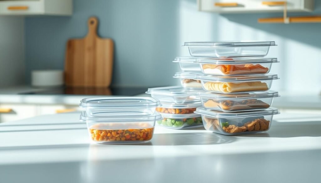 A meticulously organized array of microwave-safe plastic containers, their lids neatly stacked beside them, resting atop a clean, light blue kitchen counter. The containers are translucent, allowing a glimpse of the meal components within. Subtle golden wooden accents complement the minimalist aesthetic, creating a sense of warmth and efficiency. Soft, natural lighting illuminates the scene, casting gentle shadows and highlighting the containers' sleek, practical design. This image conveys a visually appealing and thoughtfully curated meal prep system, ready to streamline your office lunch routine.