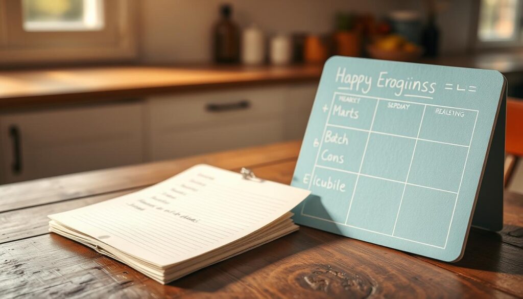 A meticulously organized grocery list and meal plan lies on a rustic wooden table, set against a minimalist kitchen backdrop. Soft natural light filters through a nearby window, casting a warm glow over the scene. The grocery list is neatly handwritten on a crisp, ivory-colored notepad, with items categorized by section. Adjacent, a weekly meal plan is displayed on a light blue chalkboard, outlining a balanced and efficient batch cooking schedule. The overall composition conveys a sense of intentionality, organization, and calm - the perfect visual representation of 