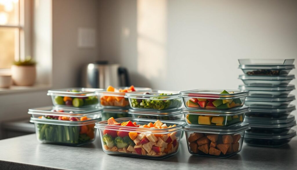 A meticulously organized kitchen counter showcases an array of glass meal prep containers, their lids neatly stacked nearby. The morning light filters through the window, casting a warm glow on the scene. Assorted chopped vegetables, neatly portioned proteins, and vibrant fruits are carefully arranged within the containers, creating a visually appealing and efficient meal prep system. The overall atmosphere is one of calm, intentionality, and a sense of preparedness for a productive day ahead.