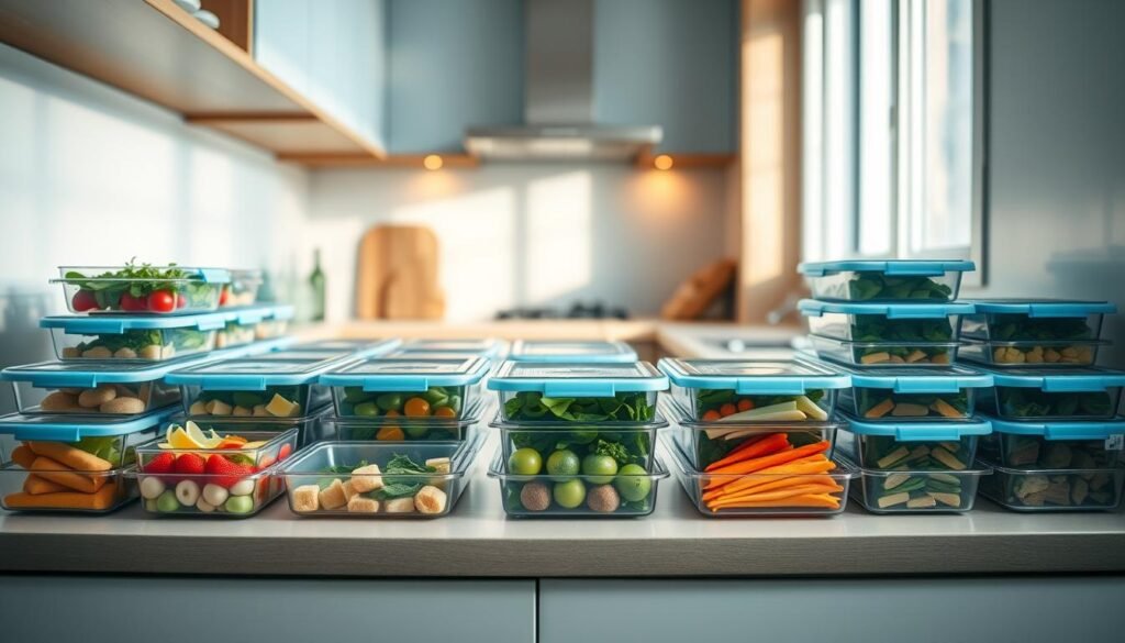 A meticulously organized kitchen counter showcases an array of neatly compartmentalized meal prep containers, each filled with fresh, vibrant ingredients. The soft, indirect lighting casts a warm, inviting glow, highlighting the clean lines and minimalist design of the space. Wooden accents and light blue accents create a soothing, calming atmosphere, perfectly complementing the structured and efficient meal prep process. The scene conveys the benefits of a thoughtful, intentional approach to cold lunch assembly, emphasizing freshness, convenience, and a balanced, healthy lifestyle.