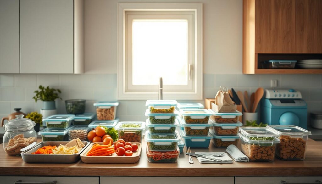 A meticulously organized kitchen countertop showcases an array of prepped ingredients and containers, creating a visually appealing and efficient meal prep scene. Warm, soft lighting from a solitary window highlights the clean, minimalist design featuring wooden textures and light blue accents. The layout emphasizes the time and cost savings of this advanced dinner planning system, with carefully labeled containers and neatly arranged tools. The atmosphere conveys a sense of order, productivity, and the promise of delicious, hassle-free meals to come.