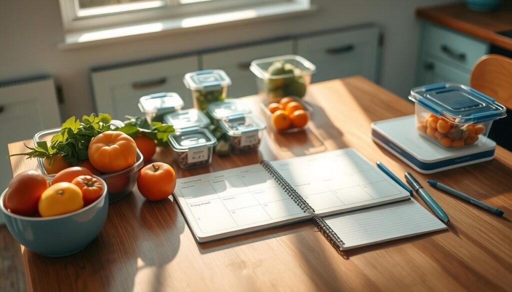 A meticulously organized weekly meal planning grid sits atop a wooden kitchen table, casting soft shadows under the warm, directional lighting. Fresh produce, neatly labeled containers, and a minimalist notebook with handwritten notes create a sense of calm preparation. The light blue accents of the kitchen accentuate the clean, organized aesthetic, reflecting the thoughtful approach to planning nutritious, spill-proof meals for the workweek ahead.