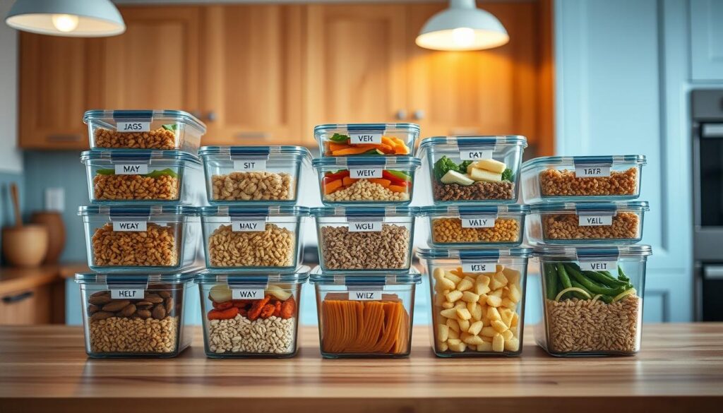 A meticulously organized weekly meal rotation system, showcasing a set of glass containers neatly stacked on a wooden kitchen counter. The containers are filled with a variety of delicious, home-cooked meals, each marked with a label indicating the day of the week. The kitchen has a warm, minimalist ambiance, with light blue accents on the walls and cabinets, complementing the natural wood tones. Soft, diffused lighting from overhead fixtures casts a gentle glow, creating a tranquil and inviting atmosphere. The composition emphasizes the efficiency and practicality of the meal prep system, inspiring viewers to adopt a similar approach to combat mealtime boredom.