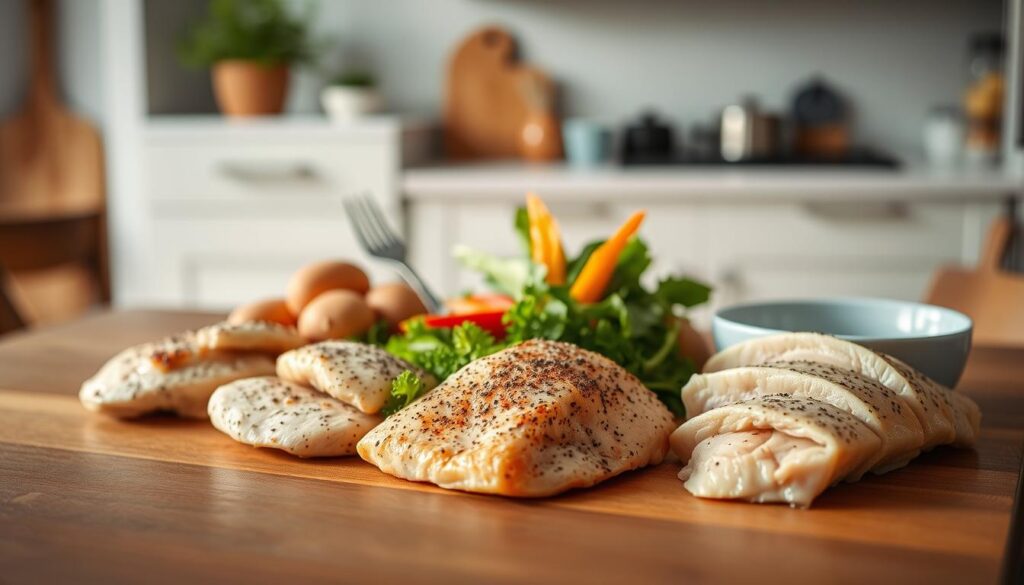 A meticulously prepared display of protein-packed culinary delights, artfully arranged on a sleek wooden table in a cozy, minimalist kitchen. Succulent chicken breasts and flaky tuna fillets, seasoned to perfection, accompanied by vibrant, nutrient-dense vegetables, all bathed in soft, natural lighting that accentuates the mouthwatering textures and hues. The scene exudes a sense of healthy, balanced indulgence, inviting the viewer to savor the versatility of these nourishing ingredients and imagine the satisfying meals they can inspire.